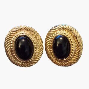 Black Oval Cabochon Pierced Earrings Vintage Gold Tone
